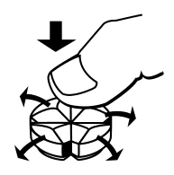 A hand pressing downward with the thumb on a circular tablet divided into segments, with arrows indicating the downward pressure