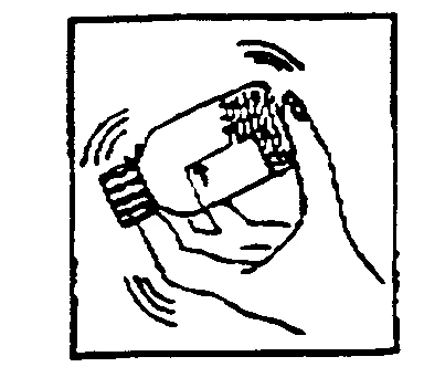 A hand holding a tilted medicine vial and gently shaking it to mix the contents before administration