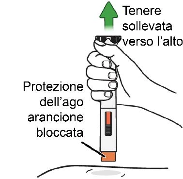 Dibujo de una mano que sostiene un dispositivo médico con flecha verde hacia arriba