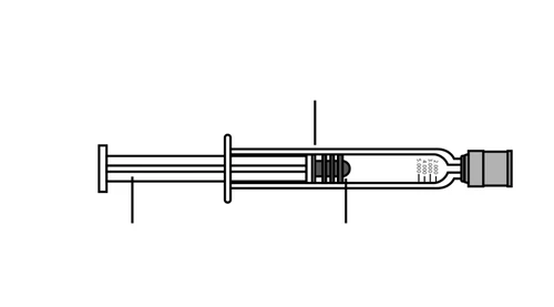 Dibujo técnico de una jeringa horizontal con escala graduada de 2.000 a 5.000 y émbolo interno con junta negra