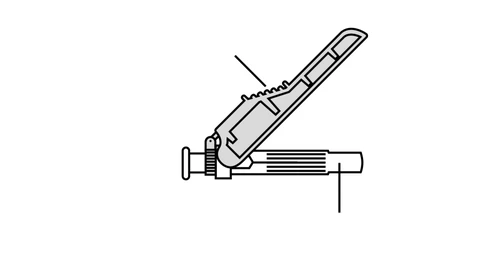Diagrama técnico en blanco y negro de un dispositivo médico con un componente superior inclinado y un cuerpo cilíndrico horizontal con líneas guía