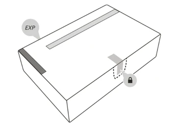 Dibujo técnico de una caja blanca con una franja superior gris, un