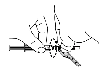 Dos manos que sostienen una jeringa mientras una flecha punteada indica el movimiento de inserción de un componente o tapón en la punta