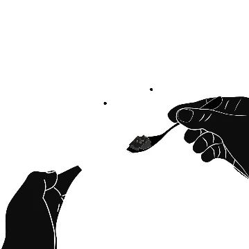 Silueta negra de dos manos que utilizan una cucharilla para dosificar un polvo oscuro sobre un recipiente abierto