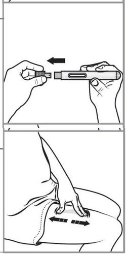 Two hands prepare a pen injector and one hand applies the device to the thigh with an arrow indicating the sliding motion