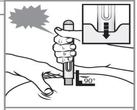 Technical drawing showing a hand pressing a medical device against the skin at a 90-degree angle and a detail of the injection site