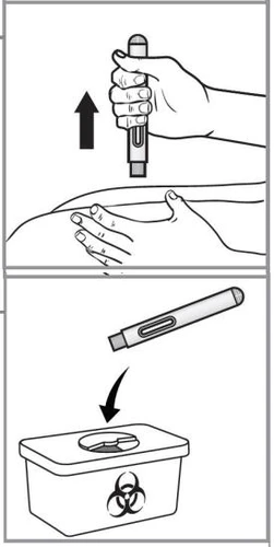 A hand removes an injector from a leg and places it into a biohazard waste container with a biohazard symbol