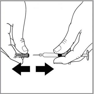 Two hands separate or join a glass vial and a syringe with needle using black arrows indicating horizontal movement