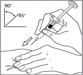 Technical drawing showing a hand holding a syringe for administration