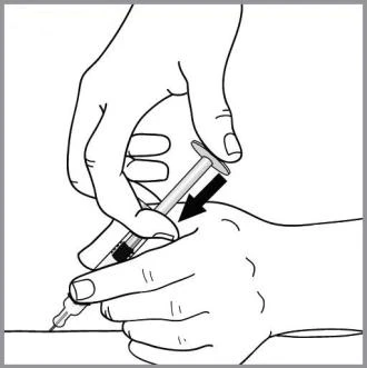 Black and white drawing of two hands holding a syringe to inject medication into a flat surface with a black arrow pointing downward