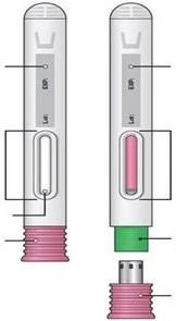 Technical diagram of a pen device with indicators, a transparent window showing pink liquid, and a base with separate components