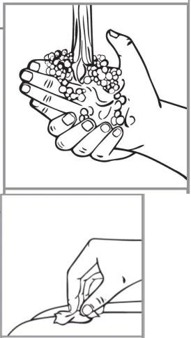 Black and white drawing showing two hands thoroughly washing fingers and palms with soap and lather under a stream of water