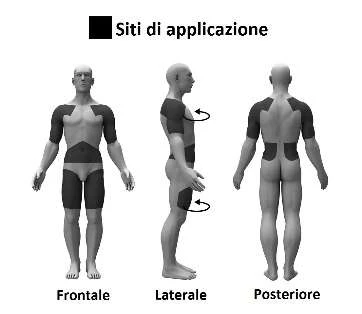 Three male human figures show drug application sites on abdomen, thighs, and arms in frontal, lateral, and posterior views