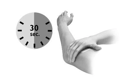 A stylized clock indicates 30 seconds next to a person massaging the arm with a hand to promote absorption