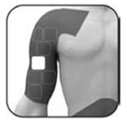 Stylized representation of a male torso with a patch or medical device applied to the upper arm and shoulder
