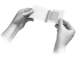 Two hands hold and open a flat white package to reveal a small square insert inside