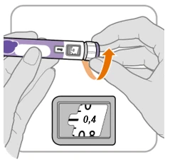 Two hands holding a medical device with a window displaying the number 0.4 and an orange arrow indicating rotational movement