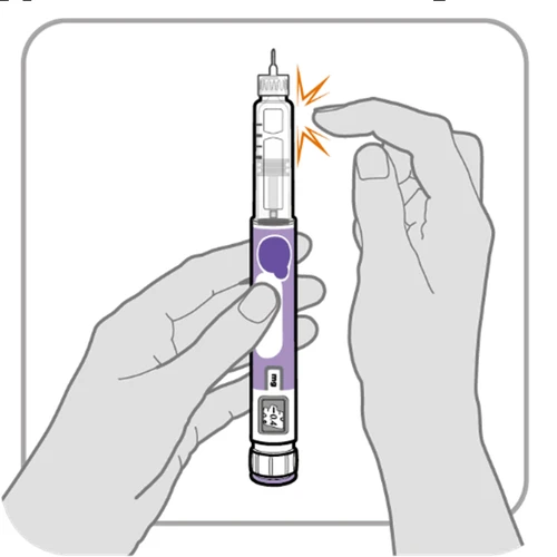 One hand holding a purple injection pen while the other prepares for use