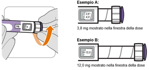 Illustration of a medical device with two dosage examples showing 3.8 mg and 12.0 mg through a small transparent window