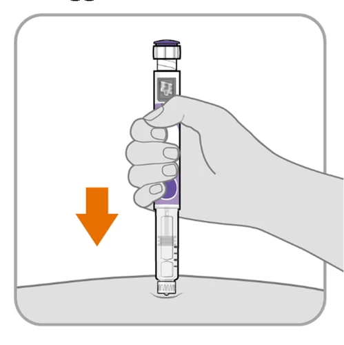 One hand holding an injection pen and pressing it vertically downward onto the skin following the direction of the orange arrow