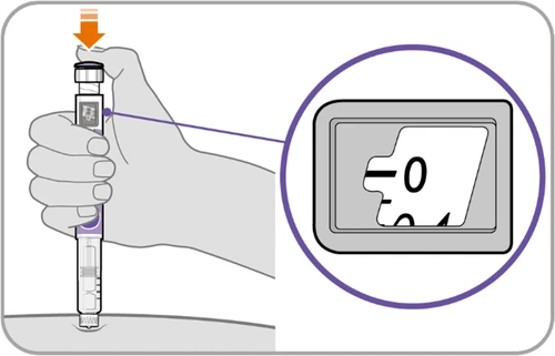One hand holding an injection pen with a magnification showing the digital display with the number 0 highlighted