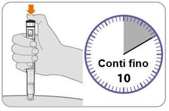 One hand holding an injection pen on a skin surface next to a clock with the text Count to 10