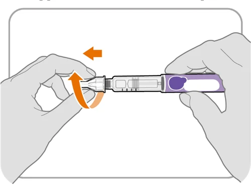 Two hands holding an injection pen while an orange arrow indicates rotating the upper part for preparation