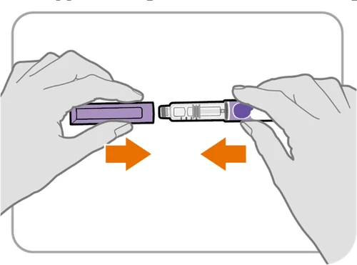Two hands bringing together two parts of a medical device with orange arrows indicating inward movement toward the center
