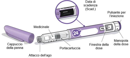 Diagram of an injection pen with labels indicating cap, needle attachment