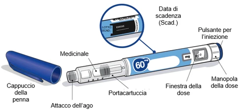 Diagram of an injection pen with labels indicating cap, needle attachment