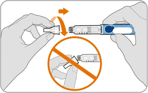 Two hands separating and then attaching a transparent cap to a blue and white medical device with an orange arrow and a warning not to bend it