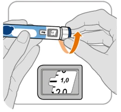 Two hands rotating the upper part of a blue and white medical device with an orange arrow and a display indicating 1.0 mg