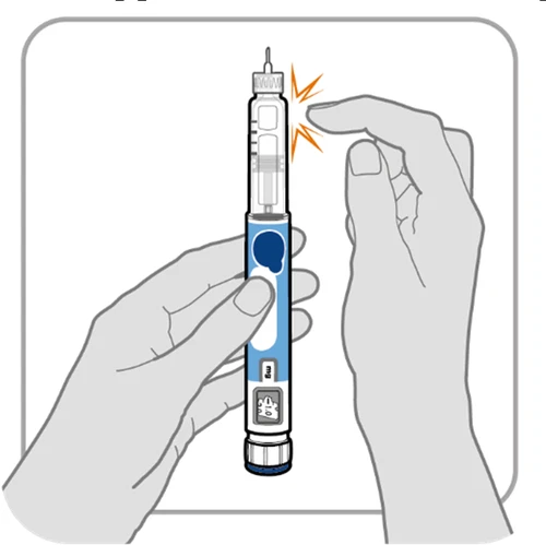 Two hands holding a blue and white injection pen while a finger presses the top part of the device to activate it