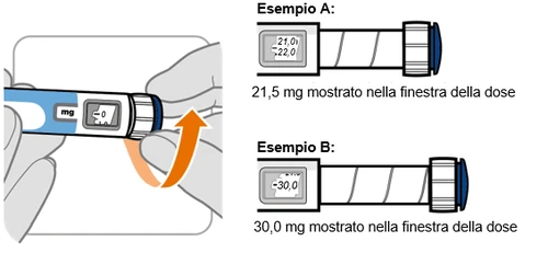 Two dosage examples on an injection pen with windows showing 21.5 mg and 30.0 mg respectively, next to a hand rotating the base