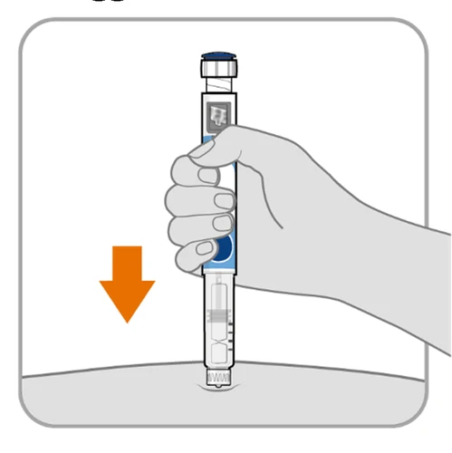 One hand holding a vertical injection pen with an orange arrow pointing downward toward the skin for injection
