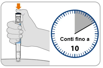 One hand holding an injection pen on the skin next to a clock indicating the time to count to 10