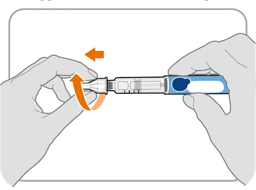 Two hands holding an injection pen with orange arrows indicating a rotational movement to unscrew or turn the upper part