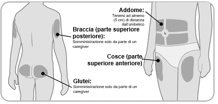 Human body diagram indicating injection sites: back of arms, buttocks, abdomen away from the navel