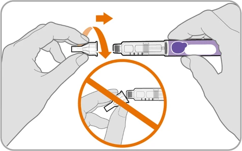Two hands attaching a cap to an injection pen with an orange arrow and a prohibition symbol on a white background