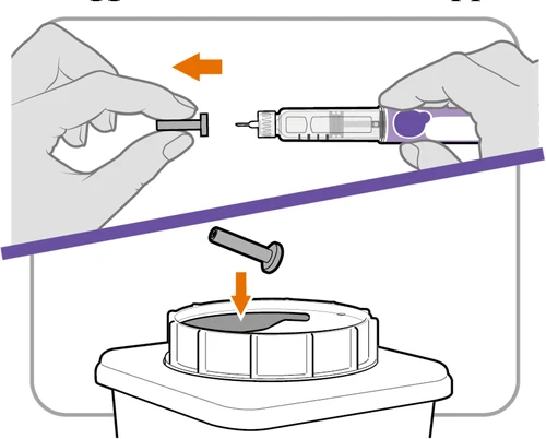 Two hands separating the plunger from a purple syringe and inserting it into the white drug container with an orange arrow indicating the action