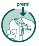Circular illustration showing a hand pressing down a medical device producing a click sound