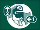 Green and white medical icon showing a hand pressing a device with numbered arrows 1 and 2 indicating the usage sequence