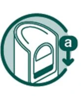 Circular diagram showing a white medical device with a green arrow pointing downward next to the lowercase letter a