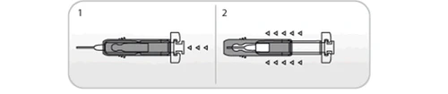 Two-stage diagram illustrating the operation of a medical device with arrows indicating internal sliding movement