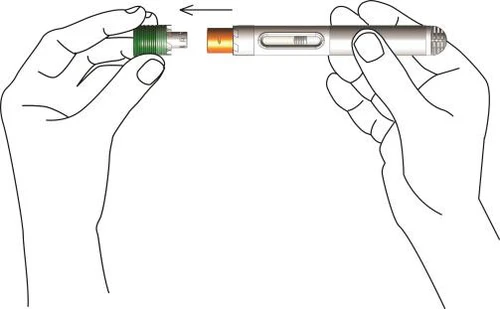 Two hands connecting a green cap to a gray and silver cylindrical medical device through a movement indicated by an arrow