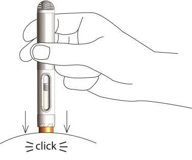 A hand gripping a vertical injection pen pressing it against the skin with an arrow indicating downward movement and the word 'click'