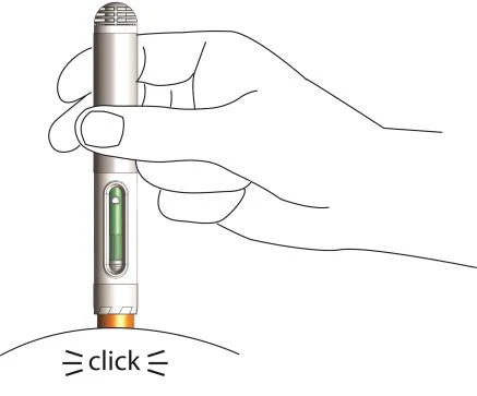 A hand holding a vertical injection pen placed against the skin with the word 'click' below indicating activation
