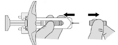 Diagram showing a hand holding an auto-injector with arrows indicating the sliding motion of the protective cap