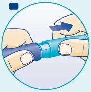 Dos manos sostienen un dispositivo médico azul y celeste, con una flecha que indica el movimiento de giro o deslizamiento hacia la derecha