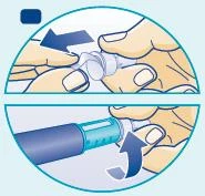 Dos ilustraciones circulares muestran manos retirando una tapa transparente y luego girando la parte superior de un dispositivo médico azul